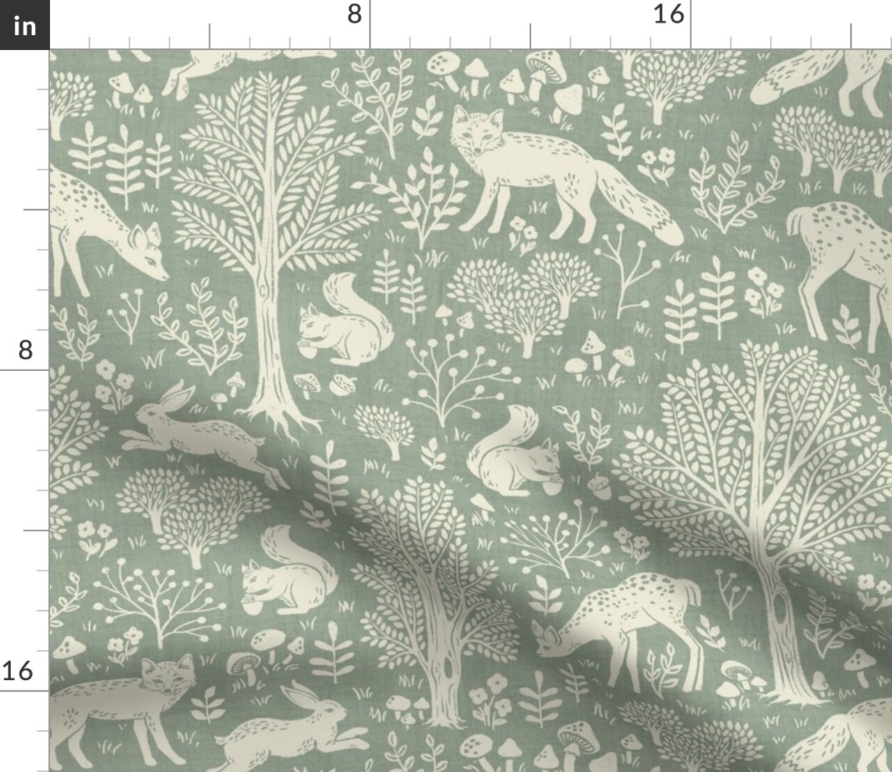 Green Botanical Scandinavian Nursery Forest Animals Deer Fox Rabbit Squirrel Country Rustic Farmhouse Cottagecore Neutral Custom Printed Fabric by Spoonflower Various Fabrics by the Yard or Fat Quarter